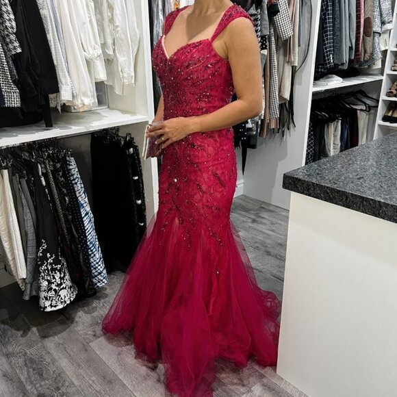 NWT Mac Duggal Red Pink Mermaid Formal Gown $798 - Picture 6 of 13